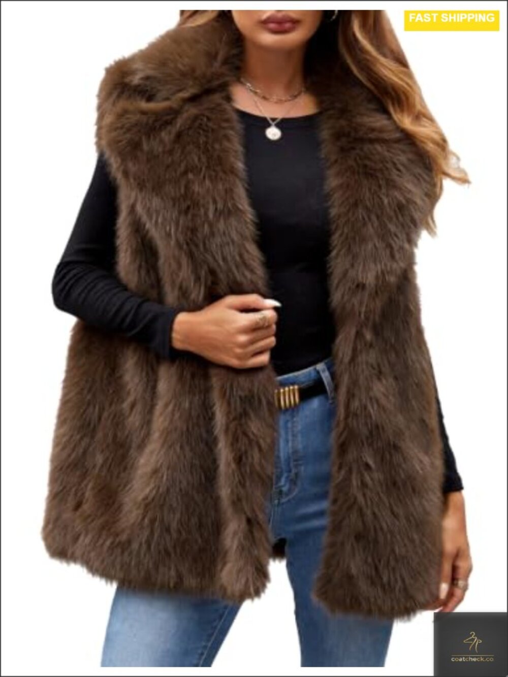 Faux Fur Sleeveless Vest with Lapel Collar, Side Pockets, Fall Winter Layering